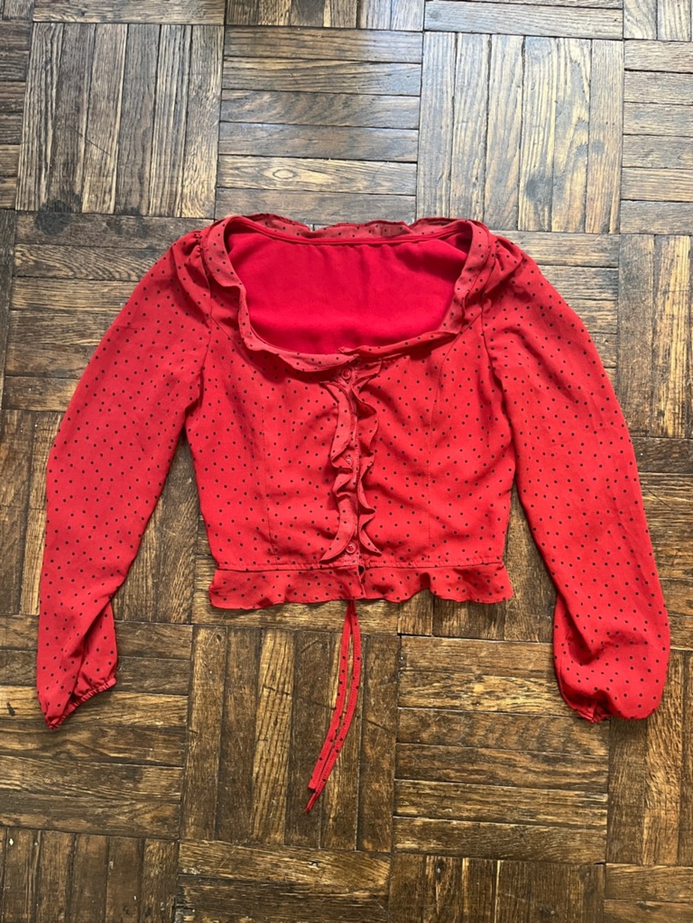 Red Polka Dot Ruffled Tie-Front Women's Blouse